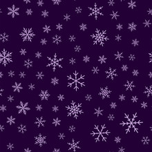 Violet Snowflakes Seamless Pattern On Purple Christmas Background. Chaotic Scattered Violet Snowflakes. Fine Christmas Creative Pattern. Vector Illustration.