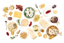 Various Types Of Cheese With Wine On A White Background