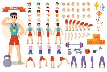 Wall Mural - Man athlete in gym vector cartoon character constructor body parts and exercise poses icons. Construction set for create bodybuilder or weightlifter and training positions with barbells and dumbbells