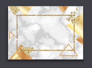 Wall Mural - Golden invitation or brochure, banner, marble background in trendy minimalistic geometric style with triangles, gold lines,  textures, granite, glitter, frame, vector fashion wallpaper,  poster