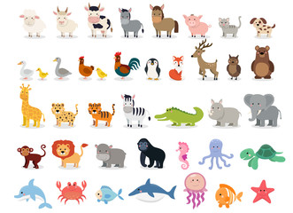 cute animals collection: farm animals, wild animals, marina animals isolated on white background. il