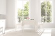 © AntonSh - White dinner room with green landscape in window. Scandinavian interior design. 3D illustration
