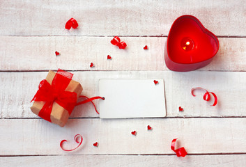 Poster - valentine day background, candle, gift box, paper tag, small heart