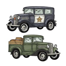 Retro Police Car And Pickup Truck With Barrel. Vintage Engraving