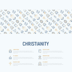 Wall Mural - Christianity concept with thin line icons of priest, church, nun, crucifixion, Jesus, bible, dove. Vector illustration, web page template.