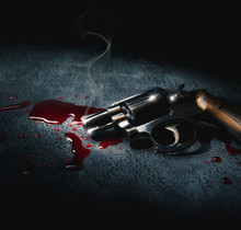 Crime Scene Concept With A Gun On A Blood Puddle, High Contrast Image