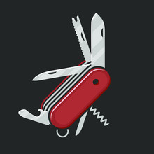 Red Swiss Folding Knife Flat Icon Vector; Multi-tool Instrument Sign Vector Isolated