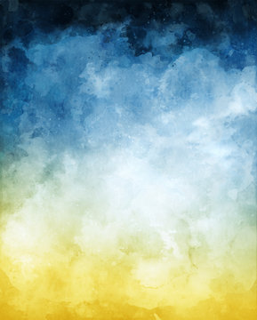 Fototapete - Blue Yellow Watercolor Abstract Background. A watercolor abstraction of clouds and fog on a textured paper background and toned with a blue to yellow gradient.  Image displays a paper texture at 100%.