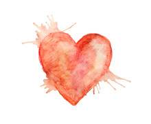 Red Heart Shape, Beautiful Watercolor Painting Isolated On White Background