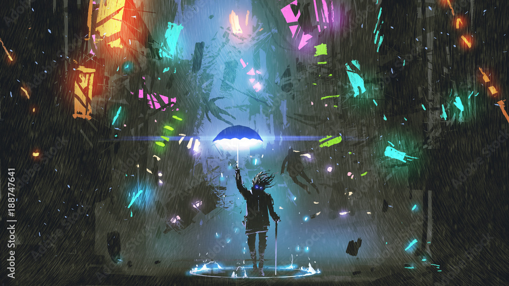 Valokuva sci-fi scene showing the man holding a magic umbrella destroying futuristic city