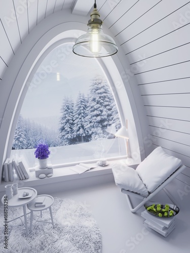Cozy Small White Room On Cold Winter Night In The Mountains