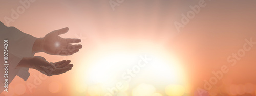 Fotografía Ascension day concept: The scars In the hands of Jesus Christ over blurred sunri