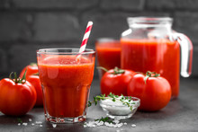 Fresh Tomato Juice In Glass. Vegetable Drink