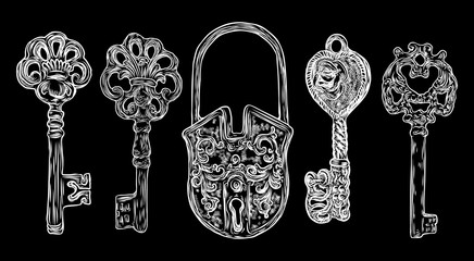 Wall Mural - Set of hand drawn antique keys. Sketch style of vintage key on black background. Old design illustration. Vector.