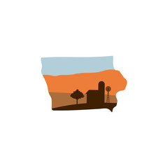 iowa state shape with farm at sunset w windmill, barn, and a tree