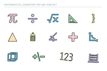 A set of outline vector icons on a theme school education. Subject of mathematics. Ruler, euglon, numbers, signs.