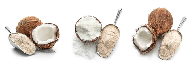 Poster - Scoop with coconut flour and nut on white background