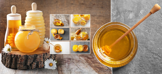 Wall Mural - Aromatic honey in glass jars on table