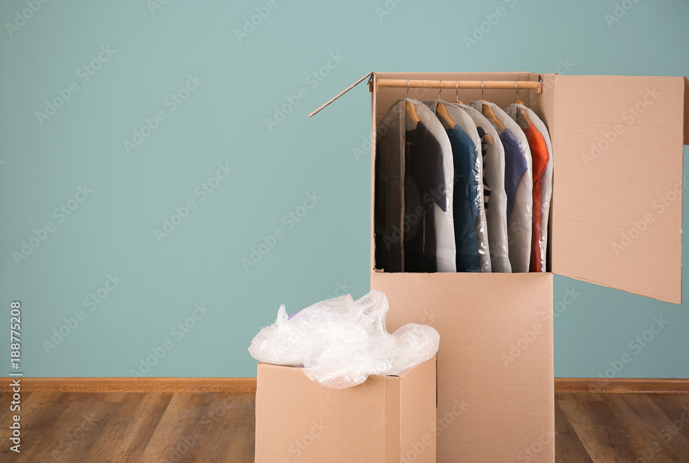 Wardrobe boxes with clothes indoors