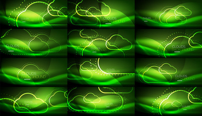 Set of neon cloud computing vector backgrounds