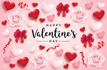 Happy Valentine's Day Poster With 3D Hearts, Roses And Ribbons