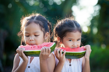 Two cute asian little child girls eating watermelon fresh fruit in the garden together