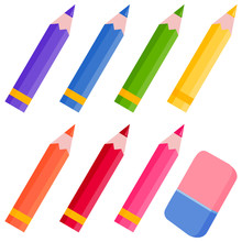 Colored Pencils And Eraser. Vector Illustration