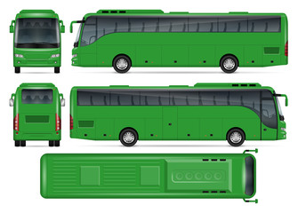 Green bus vector mock up for advertising, corporate identity. Isolated template of coach bus on white background. Vehicle branding mockup. Easy to edit and recolor. View from side, front, back, top.