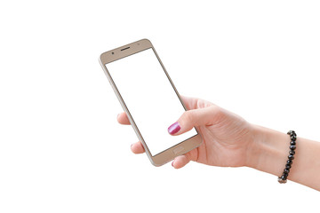 Poster - Isolated white mobile phone in woman hand. blank screen for app presentation.