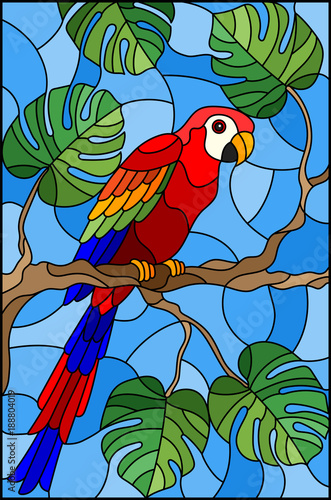 ilustracja-w-witrazu-stylowym-ptasim-parakeet-na-galeziastym-tropikalnym-drzewie