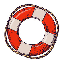 Lifebuoy On White Background, Cartoon Illustration Of Beach Accessories For Summer Holidays. Vector