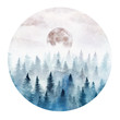 Landscape in a circle with the foggy forest and rising moon. Landscape painted in watercolor.