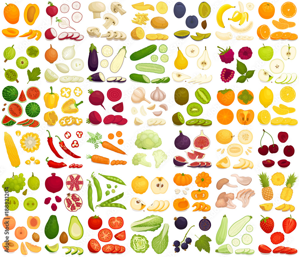 Vector set of products. A variety of vegetables, fruits and berries in a cartoon style. Sliced, whole, half, chopped and slices of different foods. - obrazy, fototapety, plakaty 