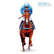 Jockey on horse. Champion. Horse racing. Hippodrome. Racetrack. Jump racetrack. Horse riding. Racing horse coming first to finish line. Isolated on white background. Vector illustration