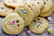 Easter egg cookies - homemade big soft american biscuits with chocolate candy mini eggs, sweet easter treats