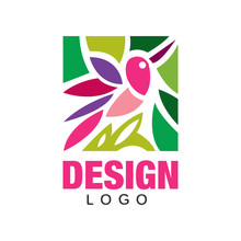 Colorful Logo Design With Abstract Pink Bird And Plants. Original Label Template In Rectangular Shape. Vector Element For Business Card, Beauty Salon Or Banner