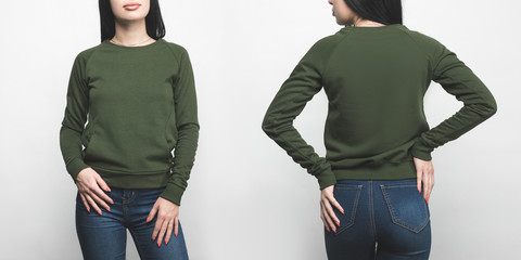 front and back view of young woman in blank green sweatshirt isolated on white