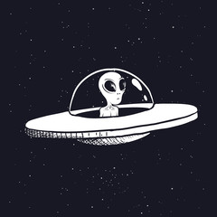 Poster - alien is sitting in a flying saucer.hand drawn style.space scientific vector illustration