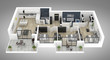 © artjafara - Floor plan of a house top view 3D illustration. Open concept living appartment layout