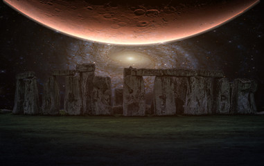 Fototapete - Stonehenge an ancient prehistoric stone monument with night sky and Planet, Wiltshire, UK. (Elements of this image furnished by NASA)