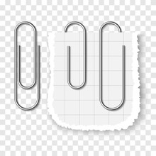 Set Of Silver Metallic Realistic Paper Clip On Transparent Background.