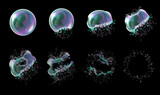 Fototapeta  - Vector 3d soap transparent bubble stages of the explosion. Water spheres, realistic balls, soapy balloons, soapsuds. Glossy foam aqua, realistic bright abstract illustration.