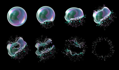 vector 3d soap transparent bubble stages of the explosion. water spheres, realistic balls, soapy bal