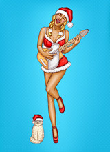 Pop Art Woman In Santa Dress And Hat Vector Sketch Illustration. Sexy Adult Girl In Short Red Santa Costume Playing Guitar Christmas Song With Cat Pet Sitting Near Isolated On Blue Background
