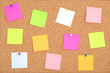 © boitano - Cork board wood background with post it notes in different radiant colours. Cork board surface. Close up background of cork board wood surface with colorful notes. Cork table.