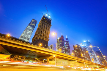 Sticker - Cityscape of Beijing at night. Skyscraper is under construction. Located near Jintaixizhao Station of Beijing Subway.