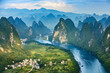 Landscape of Guilin, Li River and Karst mountains. Located near The Ancient Town of Xingping, Yangshuo, Guangxi, China.