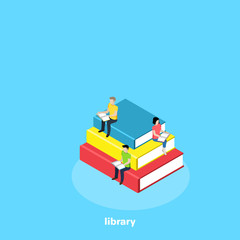 Wall Mural - young people sitting on a pile of books and reading, isometric image