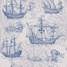 Old Caravel, Vintage Sailboat, Sea Monster. Vector Seamless Pattern