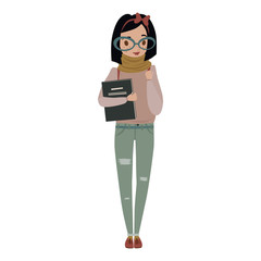 nerdy young woman holding books, wearing sweater, jeans, scarf, boots, bow and glasses. vector people character illustration. female nerd with black bob haircut.